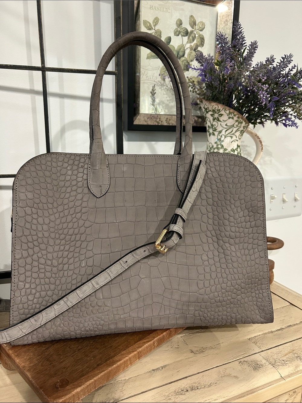 Croc-Embossed Gray Tote with Removable Strap